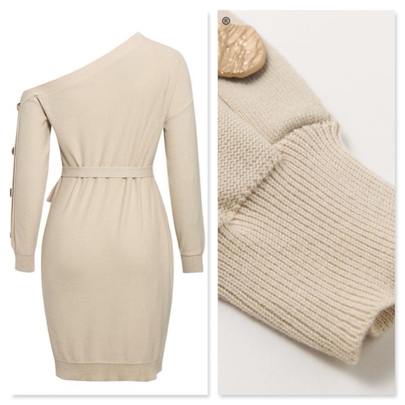 Knit One Shoulder Belted Dress in Beige - Picture 12 of 14